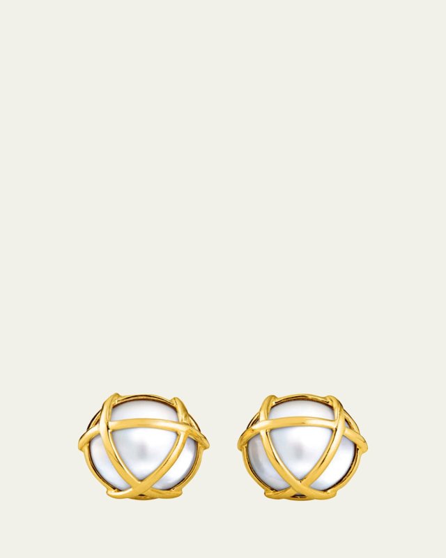 18K Yellow Gold Caged Cultured Pearl Earrings